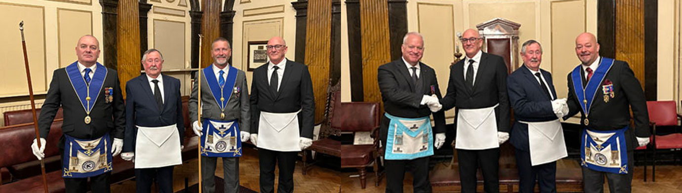 Pictured left from left to right, are: Gordon McConnel, John Hughes, Roy Hughes, Brian Radford. Pictured right from left to right, are: Andrew Ince congratulating Brian Radford and John Hughes being congratulated by Glenn Hornby.