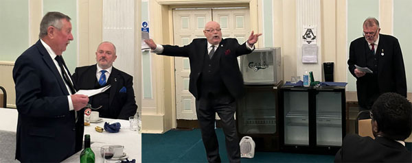Pictured left: John thanks everyone for the wonderful ceremony. Pictured right: Ken Orme (left) and Peter Duggan (right) conduct the entered apprentice song.
