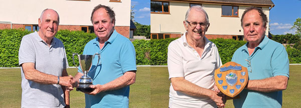 Pictured left: Bowls winner John Metcalf (left) receiving the trophy from Graham Chambers. Pictured right: Runner-up Stuart Cunningham (left) receiving the trophy from Graham Chambers. 