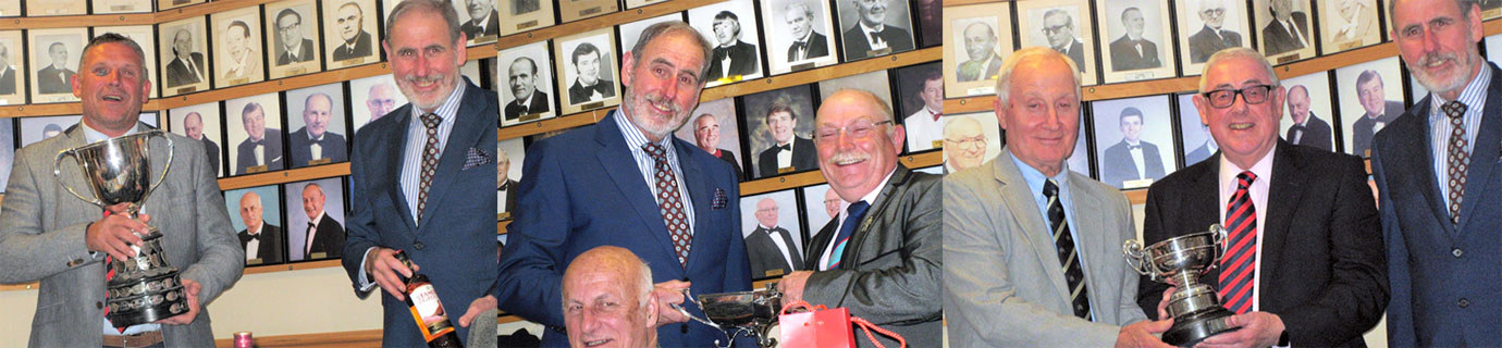 Pictured left: Frank Umbers (right) presenting Graham Henshaw with the Wallwork Cup. Pictured centre: Trevor Vearncombe (right) receiving the Harry Doughty Scratch Trophy from Frank Umbers. Pictured right: Pictured from left to right, are: Mike Mullen and Maurice Evans receiving the Team Trophy from Frank Umbers.