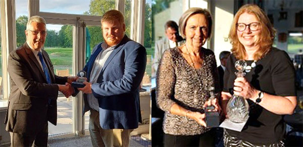 Pictured left: Andy Barton (left) presents the Visitors Shield to Jonathan Clansey. Pictured right: Carol Gartside (left) presents the Ladies Trophy to Sue Mazurkiewicz.