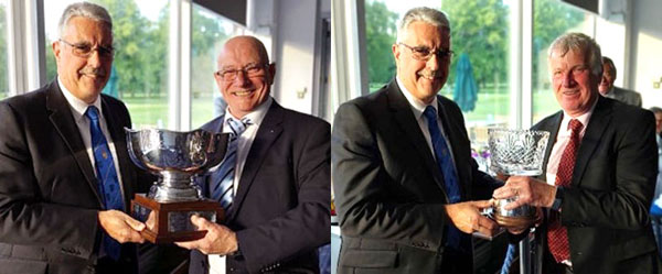 Pictured left: Andy Barton (left) presents the R W Collins Trophy to Phil Thompson. Pictured right: Andy Barton (left) presents the Ron Hankin Trophy to Ian Boardman.