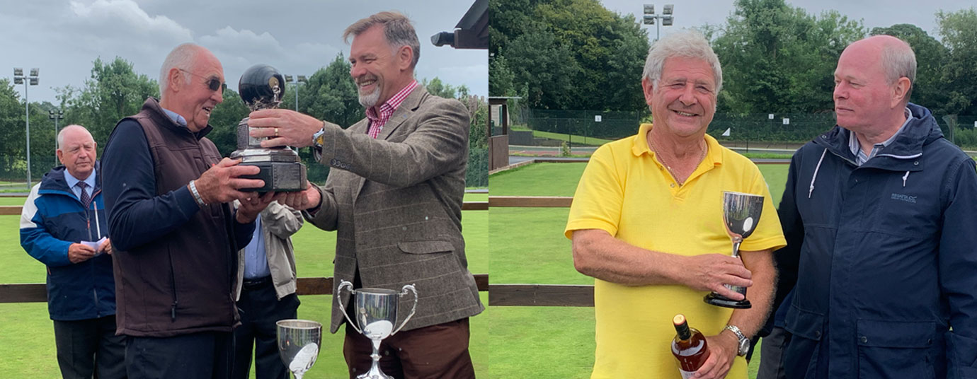 Pictured left: John Medcalf (left) receives the Cowper Trophy from Chris Taylor watched over by Harry Cox. Pictured right: Keith Carter receives the McGibbon trophy from Duncan Smith.