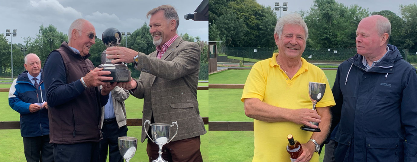 Pictured left: John Medcalf (left) receives the Cowper Trophy from Chris Taylor watched over by Harry Cox. Pictured right: Keith Carter receives the McGibbon trophy from Duncan Smith. Pictured left: John Medcalf (left) receives the Cowper Trophy from Chris Taylor watched over by Harry Cox. Pictured right: Keith Carter receives the McGibbon trophy from Duncan Smith.