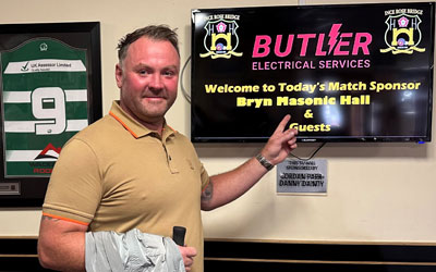 Mike Butler points out the sponsorship of Bryn Masonic Hall Mike Butler points out the sponsorship of Bryn Masonic Hall