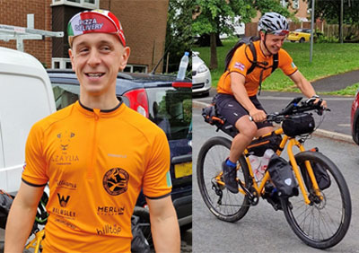 Pictured left: Billy Walmsley ready for leaving. Pictured right: Billy starts his solo cycle run.