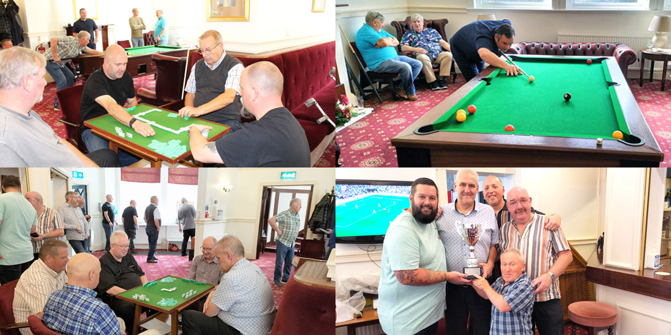 Pictured top and bottom left: Games being played. Bottom right: Lodge of Hospitality being presented with the George Wood Trophy by Andy Whittle (second left).