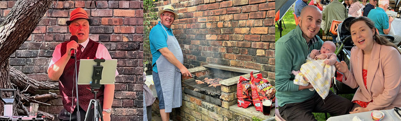 Pictured left: Bill @ Happy Days entertaining all. Pictured centre: The Galloping Gourmet Stephen Oliver. Pictured right: Liam and his family enjoying the party.