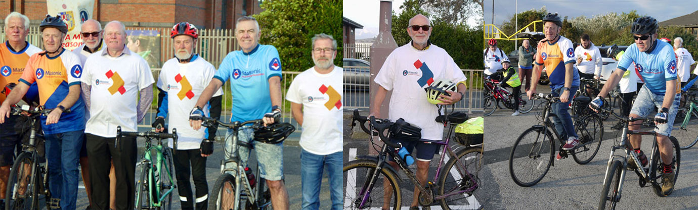Pictured left from left to right, are, Paul Shirley, Alan Lock, John James, Duncan Smith, Trevor Richards, Stephen Jelly and Robert Marsden. Pictured centre: John James ready to complete his sponsored cycle ride. Pictured right: Alan Lock Left) and Stephen Jelly lead the cyclists.