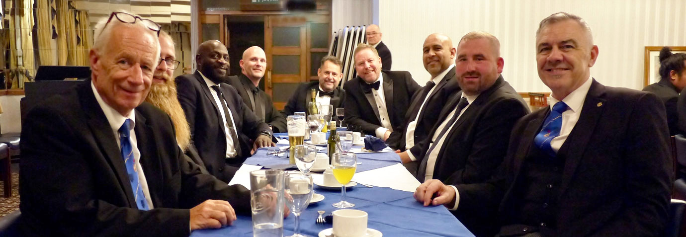 Stewart Cranage (left) and Stephen Jelly (right) with members of the lodge and their guests. Stewart Cranage (left) and Stephen Jelly (right) with members of the lodge and their guests.