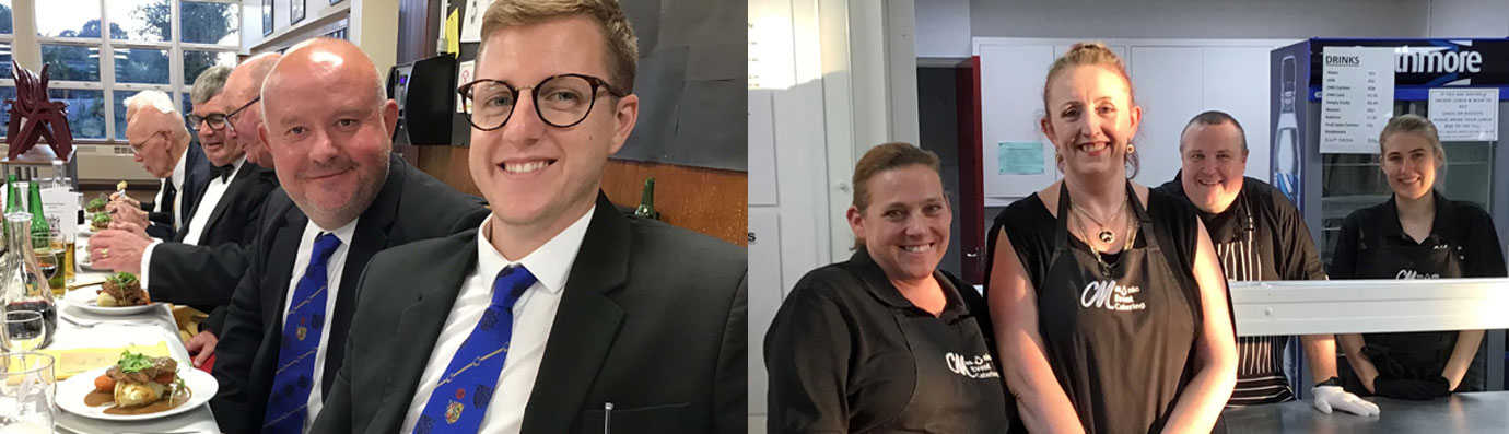 Pictured left: Two fellow craft visitors enjoying their mains, Peter Grihault (centre) and Jordan Brown (right). Pictured right: Lee Munro with his Masonic event catering team.