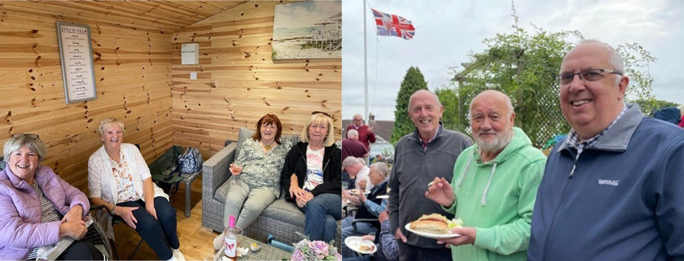 Pictured left: Some of the ladies taking shelter in the summer house. Pictured right from left to right, are: Derek Bond, Barrie Hughes and Stuart Hughes.