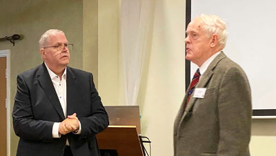 Neil Ward (left) welcomes Dr Robert Lomas. Neil Ward (left) welcomes Dr Robert Lomas.
