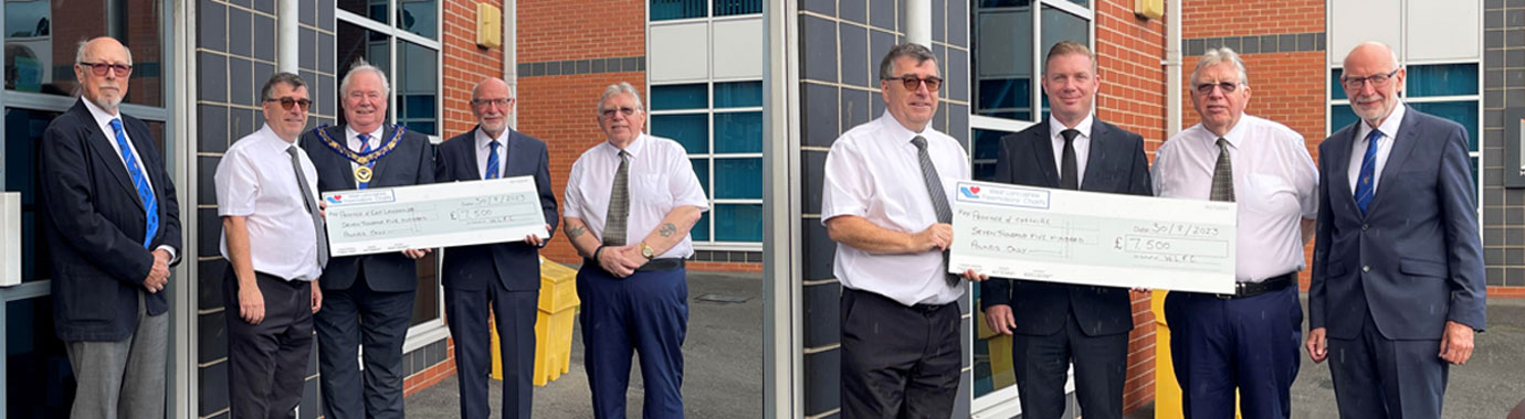 Pictured left from left to right, are: Mike Heather, Paul McLachlan, Peter Hegarty receiving a cheque, John James and Alan Riley. Pictured right from left to right, are: Paul McLachlan, John Lacy receiving a cheque, Alan Riley and John James. 