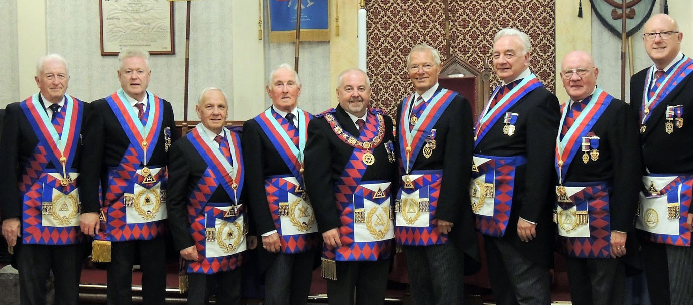 Pictured from left to right, are some of the grand officers in attendance: Norman Thompson, Peter Schofield, Alan Jones, Peter Mason, Chris Butterfield, Chris Band, Barrie Crossley, David Grainger and Gary Rogerson.
