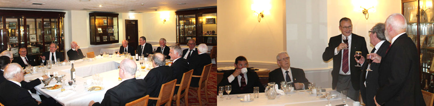Pictured left: Companions gathered at the festive board. Pictured right: Ian Sanderson (standing left) toasts the three principals