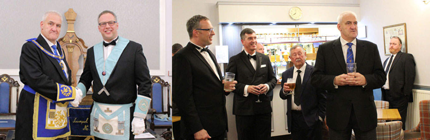 Pictured left: Andy congratulates David on his installation. Pictured right: Andy (second right) at the drink’s reception toasts David (left). Pictured left: Andy congratulates David on his installation. Pictured right: Andy (second right) at the drink’s reception toasts David (left).