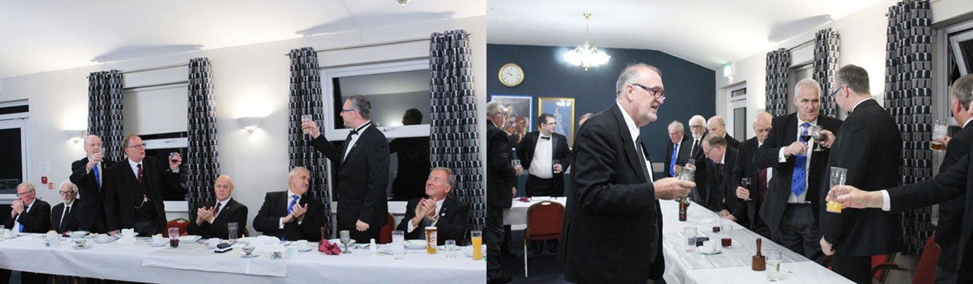 Pictured left: David (right) toasts Grand Lodge officers at the festive board. Pictured right: Lodge members toast the WM at the festive board. Pictured left: David (right) toasts Grand Lodge officers at the festive board. Pictured right: Lodge members toast the WM at the festive board.