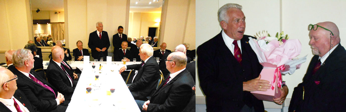 Pictured left: Mark Matthews responding to his toast. Pictured right: Mark Matthews being presented with a gift from the chapter by David Cairns.