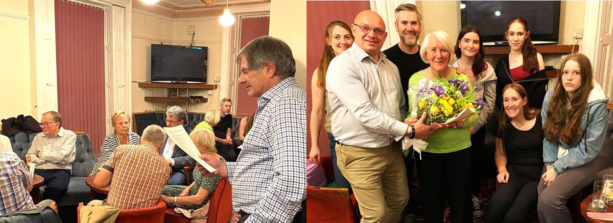 Pictured left: Ian Wood slaving over a hot question list. Pictured right: Darren Gregory presenting Helen Beswick with a bouquet.