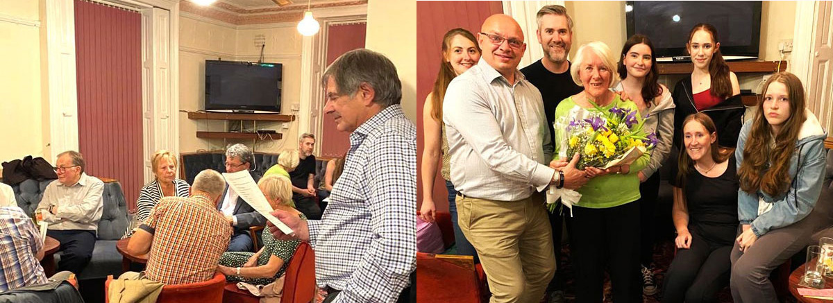 Pictured left: Ian Wood slaving over a hot question list. Pictured right: Darren Gregory presenting Helen Beswick with a bouquet. Pictured left: Ian Wood slaving over a hot question list. Pictured right: Darren Gregory presenting Helen Beswick with a bouquet.