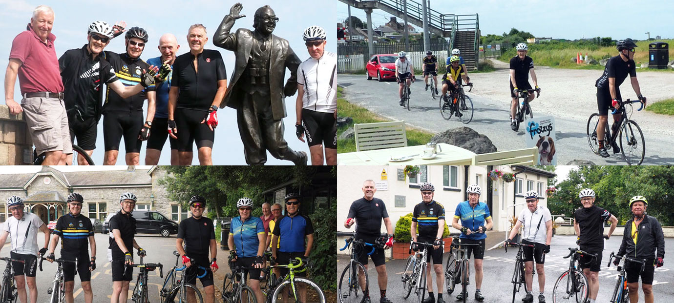 Pictured clockwise from top left: Posing with Eric Morecambe. Arriving at Hest Bank for lunch. At Grange-over-Sands before the deluge! Outside Barrow Masonic Hall.