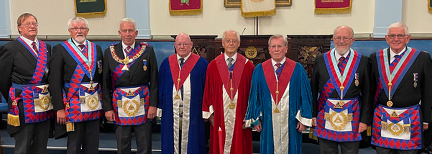 Grand officers with the three installing principals, from left to right, are: Neil Latham, David Barr, Mark Matthews, Paul Carson, Richard Alty, John McGrady, Chris Hamilton and Bryan Henshaw.