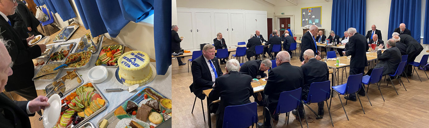 Pictured left: Buffet lunch, with full size master’s cake. Pictured right: Brethren at the festive board at Halls4All. Pictured left: Buffet lunch, with full size master’s cake. Pictured right: Brethren at the festive board at Halls4All.