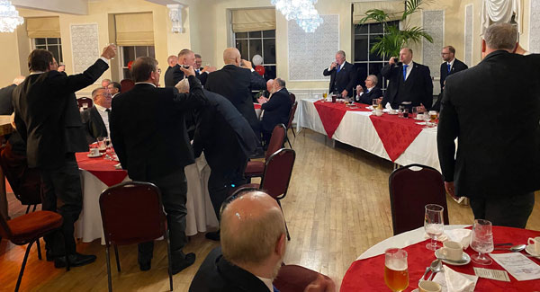 Visiting brethren rising to toast the new master of Leyland St Andrews. Visiting brethren rising to toast the new master of Leyland St Andrews.
