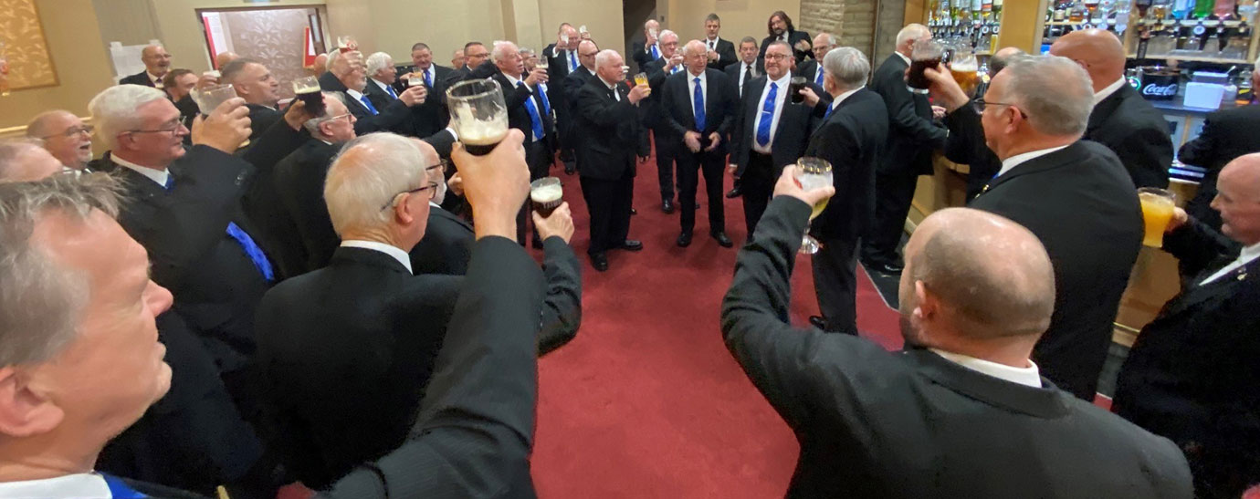 A group toast to Maurice, the new master of Euxton Lodge and his immediate past master Harry Noblet A group toast to Maurice, the new master of Euxton Lodge and his immediate past master Harry Noblet