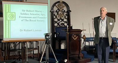 Dr Robert Lomas begins his lecture in the lodge room at Chorley Masonic Hall. Dr Robert Lomas begins his lecture in the lodge room at Chorley Masonic Hall.