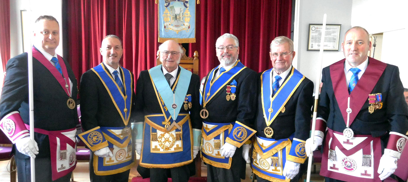 Acting Provincial grand officers with Dave Kellet, pictured from left to right, are: Phil Renney ProvGStwd, Tony Jackson ProvSGD, Dave Kellet, Dave Rigby ProvJGW, Mort Richardson ProvAGDC and Andy McClements ProvGStwd. 