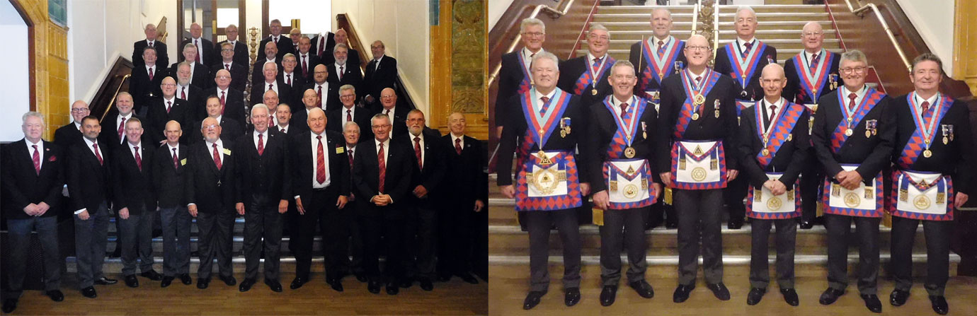 Pictured left: Mark Matthews (front row, centre) and David Thomas (second left, front row) join companions from the Furness and South Lakeland Group for a team photograph. Pictured right: Recipients of honours accompanied by some senior members of the Furness and South Lakeland Group including Peter Schofield (front row, left), newly promoted Assistant to the Provincial Grand Principals Gary Rogerson (front row, third left), newly promoted Furness and South Lakeland Group Chairman Alan Pattinson (front row third right) and David Grainger (back row, right) Past Assistant to the Provincial Grand Principals