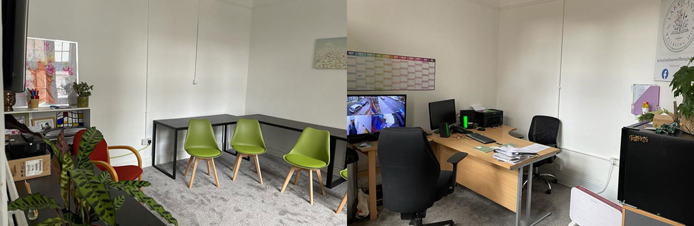 Pictured left: Jon at one of the rest and refreshment stops. Pictured right: Jon’s cycling challenge award and ribbon. Pictured left: The training room. Pictured right: The new office.