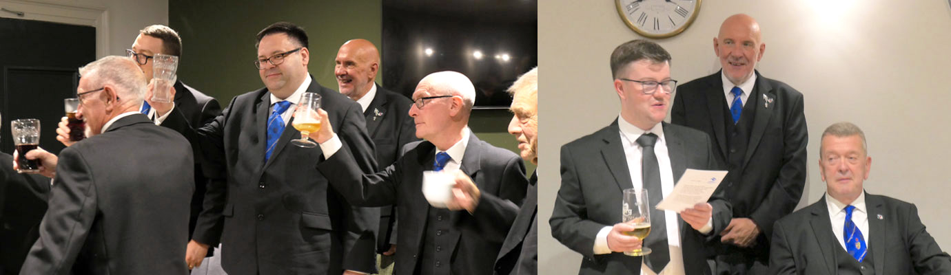 Pictured left: Brethren toast Michael after Scott Traynor had proposed the toast. Pictured right: Michael responds to the toast. Pictured left: Brethren toast Michael after Scott Traynor had proposed the toast. Pictured right: Michael responds to the toast.