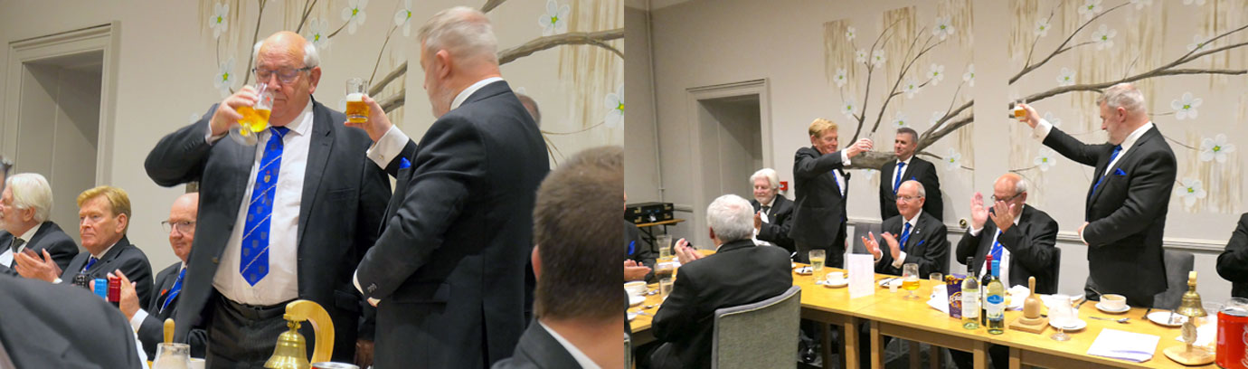 Pictured left: Philip Gunning (left) takes wine with David Boyes. Pictured right: Kevin Poynton (left) takes wine with David Boyes.