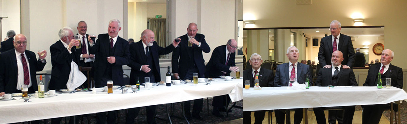 Pictured left: Toasts at the festive board. Pictured right: Kevin (seated second right) about to respond to his toast. Pictured left: Toasts at the festive board. Pictured right: Kevin (seated second right) about to respond to his toast.