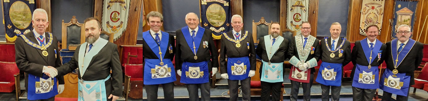 Pictured left: Mark Matthews (left) congratulates Waldermar Wolanczyk. Pictured right: Waldermar Wolanczyk (fourth left) and Simon Wright (fourth right) with the grand officers.