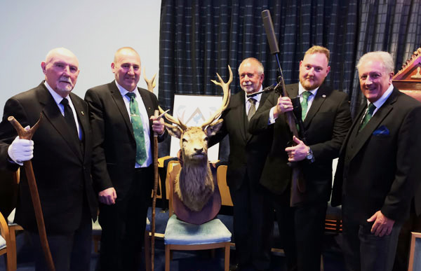 Lodge members with the guest speaker, pictured from left to right, are: Trevor Molloy (Immediate past master), Andy McClements, Keith Young, Adam Ellis, Dave Paton.