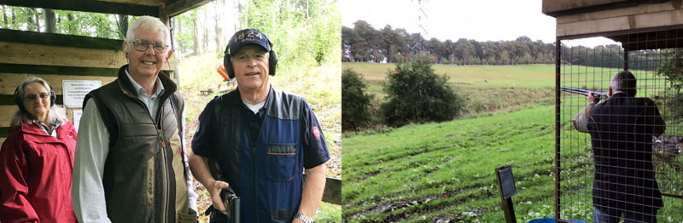 Pictured left; Inter-Provincial team members John Bruffell (centre) and Dave Smith (right) under the watchful eye of referee Sue Alston. Pictured right: Jason Rhodes aiming at the two orange clays, speeding away.