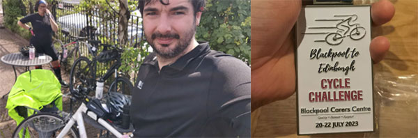 Pictured left: Jon at one of the rest and refreshment stops. Pictured right: Jon’s cycling challenge award and ribbon. Pictured left: Jon at one of the rest and refreshment stops. Pictured right: Jon’s cycling challenge award and ribbon.