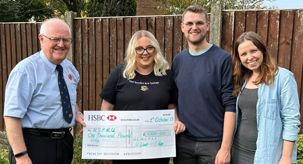 Pictured from left to right, are: Lawrence Alston, presenting the cheque to Robyn Turner, Adam Derbyshire and Sarah Derbyshire.