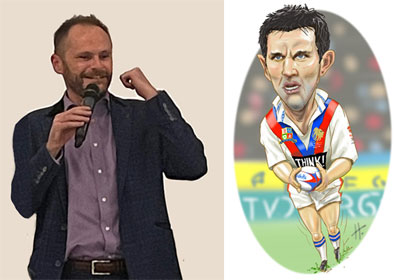 Pictured left: Dom Woodward in action! Pictured right: The caricature of Paul Sculthorpe by Paul Hardman. Pictured left: Dom Woodward in action! Pictured right: The caricature of Paul Sculthorpe by Paul Hardman.