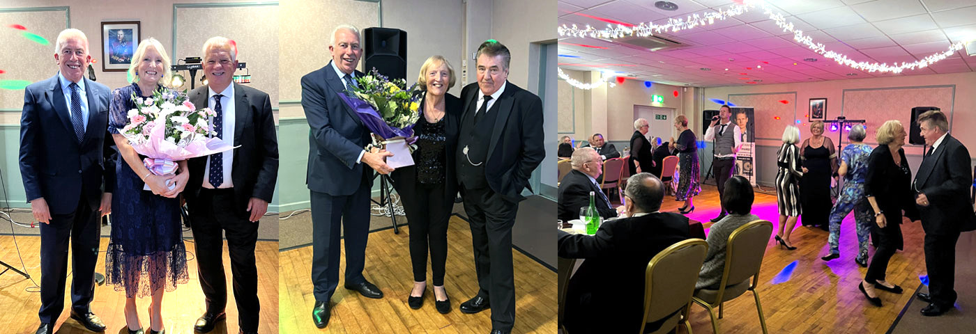 Pictured left: Mark and Debbie being presented flowers by Paul Shirley (right). Pictured centre: Mark (left) presenting flowers to Alan and Rita Johnson. Pictured right: Danny Seward entertains.