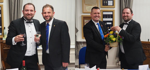 Pictured left: Dominic Earnshaw (left) with Anthony Rigby. Pictured right: Dominic Earnshaw (right) presents a gift to John Lee.