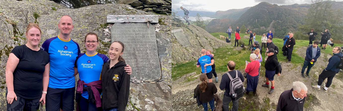 Pictured left from left to right, are: Michael’s sister Catherine Parsons, Michael Kipping, Michael’s wife Janet Kipping and daughter Olivia Foster. Pictured right: At the top of Castle Crag as the final peak was completed.