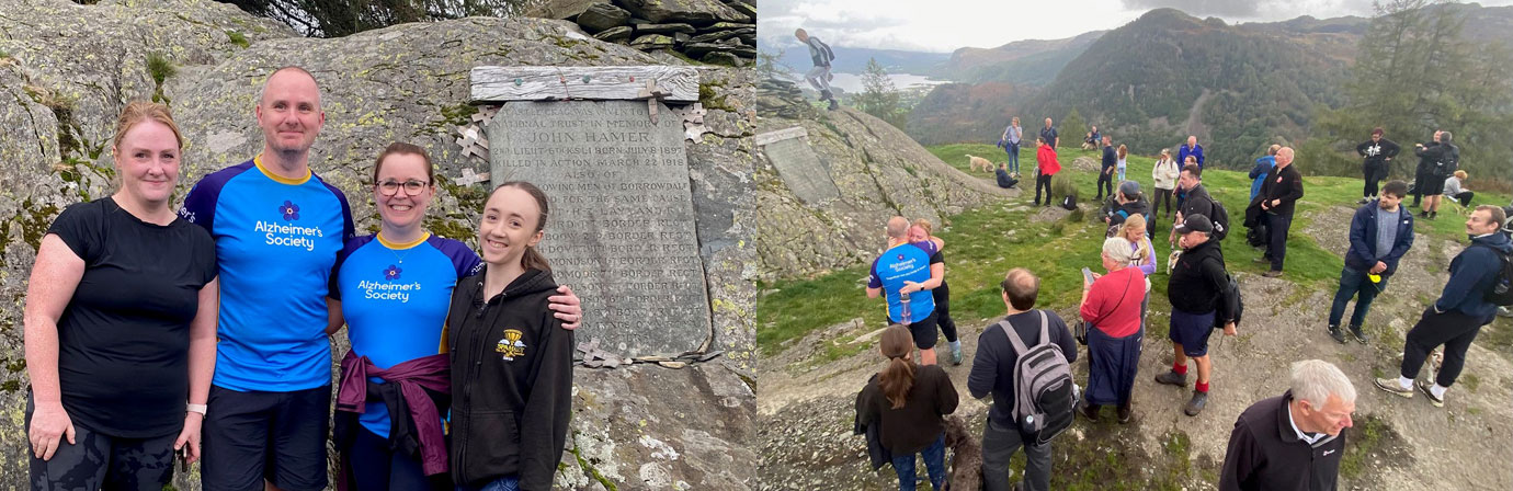 Pictured left from left to right, are: Michael’s sister Catherine Parsons, Michael Kipping, Michael’s wife Janet Kipping and daughter Olivia Foster. Pictured right: At the top of Castle Crag as the final peak was completed. Pictured left from left to right, are: Michael’s sister Catherine Parsons, Michael Kipping, Michael’s wife Janet Kipping and daughter Olivia Foster. Pictured right: At the top of Castle Crag as the final peak was completed.