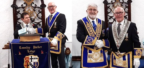 Pictured left: Installing master Andrew Howarth (left) congratulating master elect James Leigh. Pictured right: John Robson (left) congratulating James Leigh.