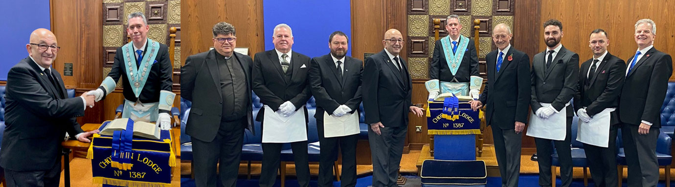 Pictured left: Michael Goldstone presenting the Bible to the WM Jeff Purle. Pictured right from left to right, are: John Hall, Paul Heskes, Andrew Wagstaffe, Michael Goldstone, Jeff Purle, Barry Jameson, Richard Williams-Lees, Luke Fitzsimmons and Stuart Boyd.
