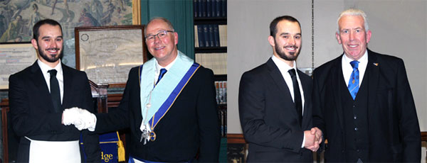 Pictured left: Entered apprentice Richard Evans with his father Don Evans. Pictured right: Mark Matthews congratulates Richard.